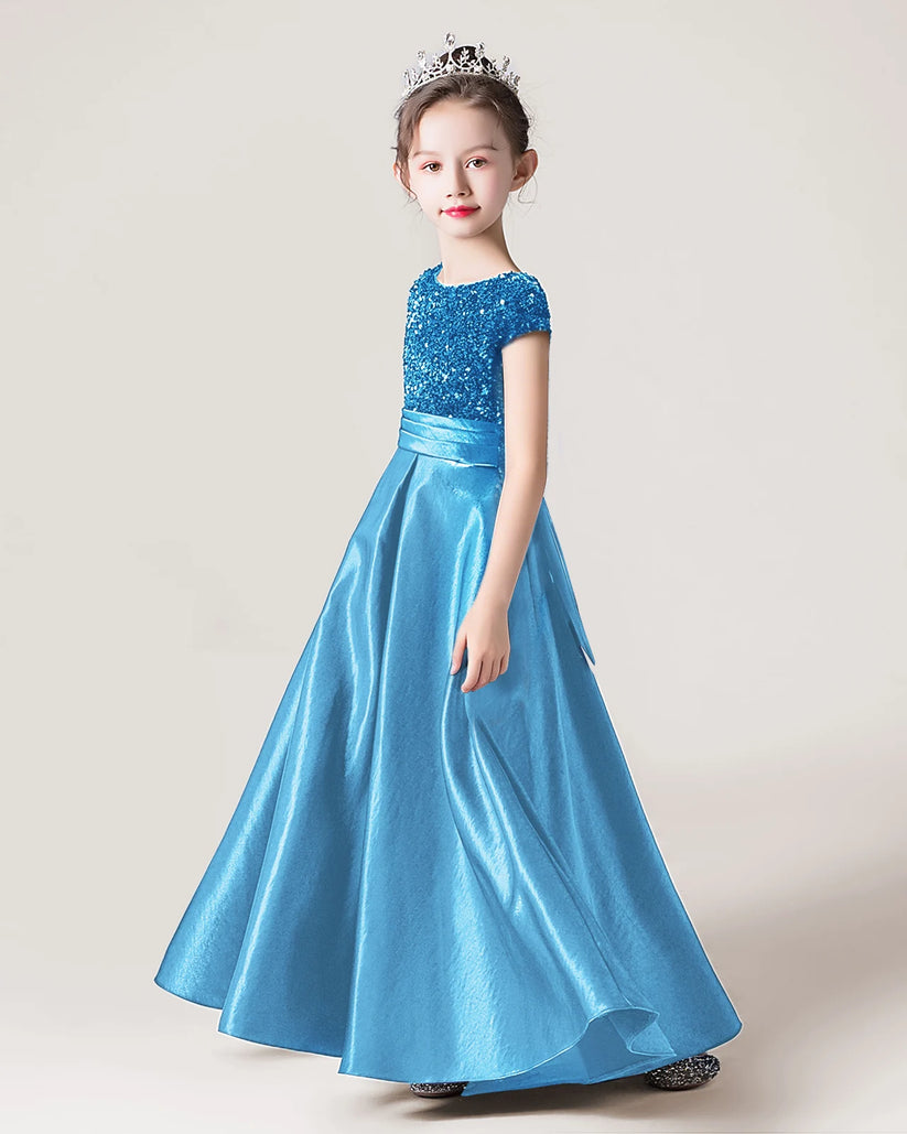 Sky Blue Satin A-line Girls Formal Dress Side View