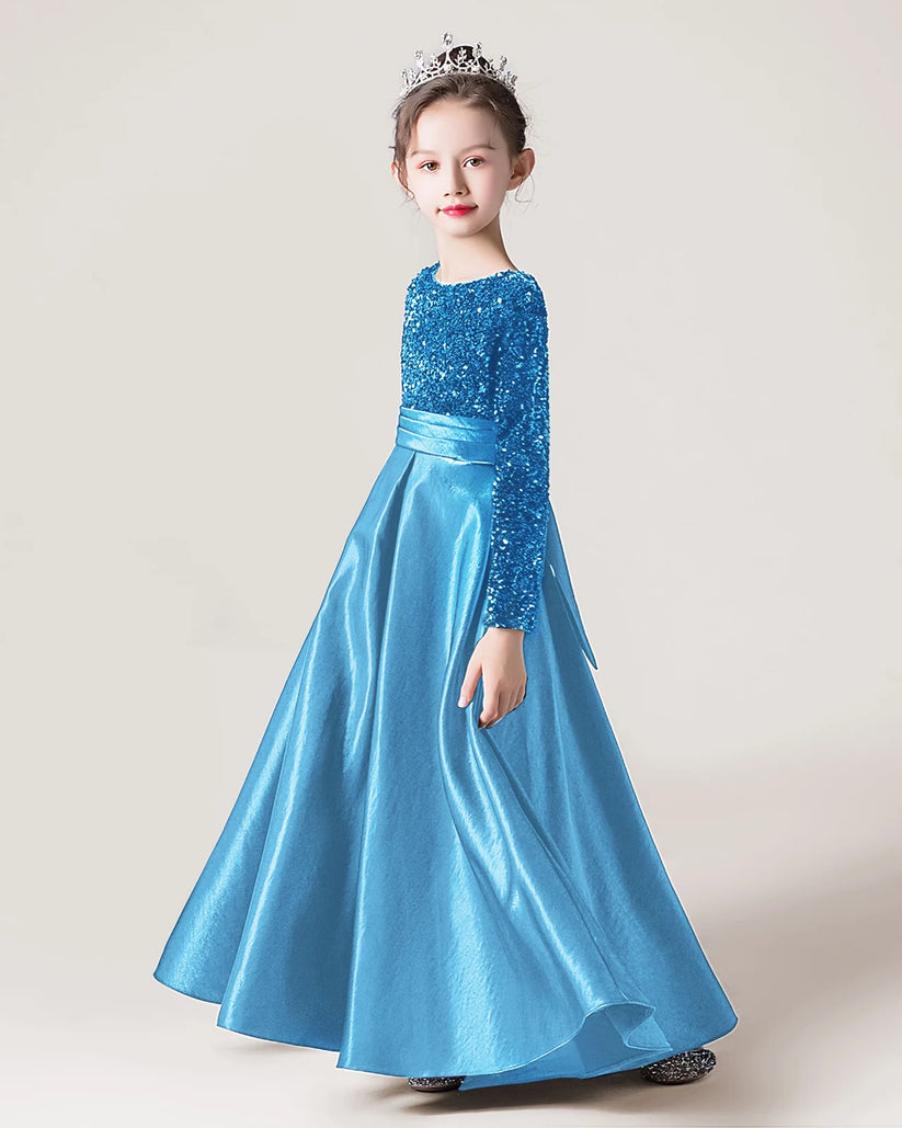 Sky Blue Satin A-line Girls Formal Dress Side View