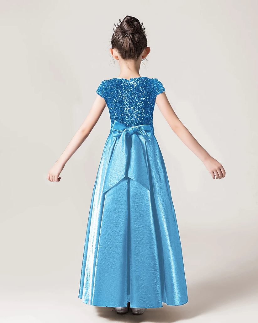 Sky Blue Sequin A-line Girls Formal Dress Back View