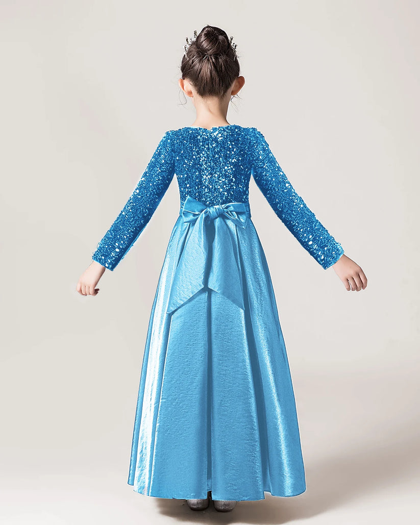 Sky Blue Sequin A-line Girls Formal Dress Back View