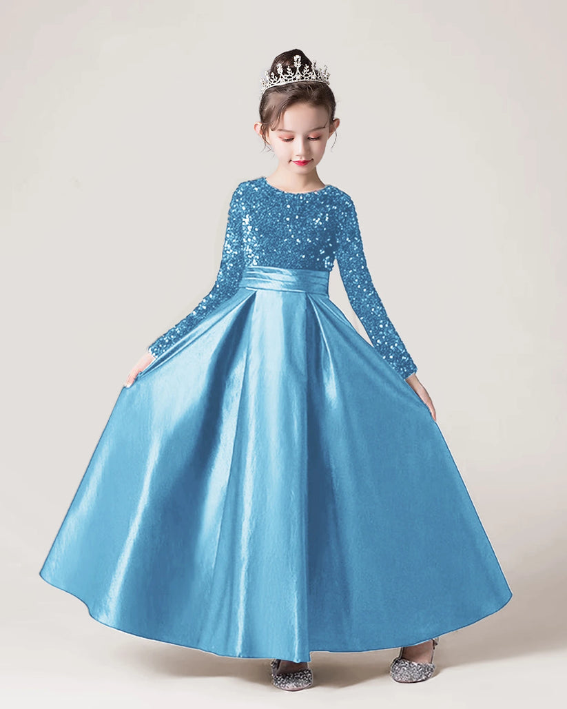 Sky Blue Sequin A-line Girls Formal Dress Front View
