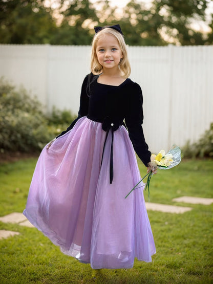 Velvet Tulle Flower Girl Dress for Wedding Girls First Communion Dress Long Sleeves Birthday Party Dress Prom Ball Gown
