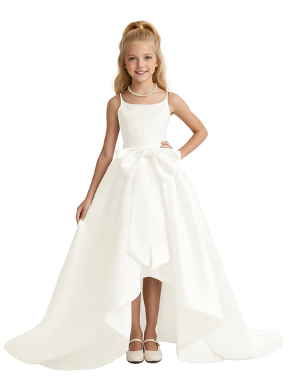 dideyttawl High-Low Big Bow Junior Bridesmaid Dresses for Girls 4-16 Satin A-Line Pageant Formal Party Dress 2535