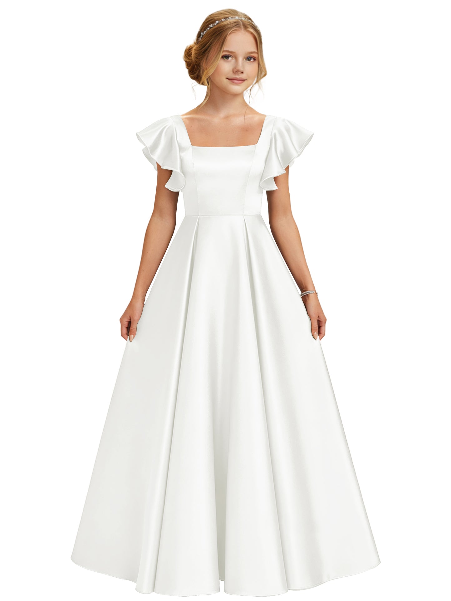 dideyttawl 2026 Girls Satin Prom Ball Gown Princess Dress Maxi Ruffle Sleeve Junior Bridesmaid Flower Girl Dresses 2546