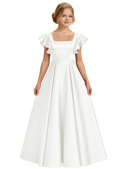 dideyttawl 2026 Girls Satin Prom Ball Gown Princess Dress Maxi Ruffle Sleeve Junior Bridesmaid Flower Girl Dresses 2546