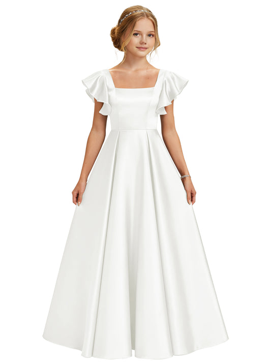 dideyttawl 2026 Girls Satin Prom Ball Gown Princess Dress Maxi Ruffle Sleeve Junior Bridesmaid Flower Girl Dresses 2546