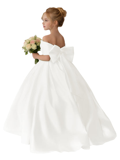 Dideyttawl Satin Flower Girl Dress A Line Off Shoulder Formal Ball Gown Bow Back