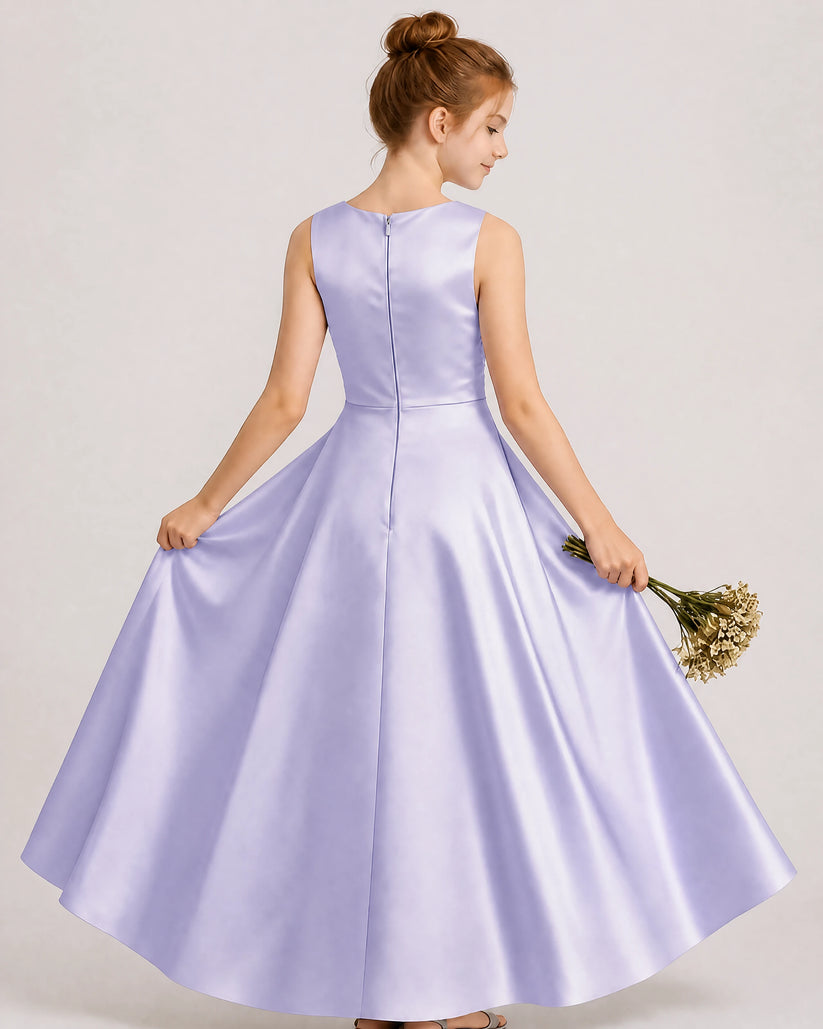 Lavender Satin A-line Junior Bridesmaid Dress Back View