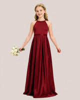 Burgundy Satin A-line Junior Bridesmaid Dress Front View