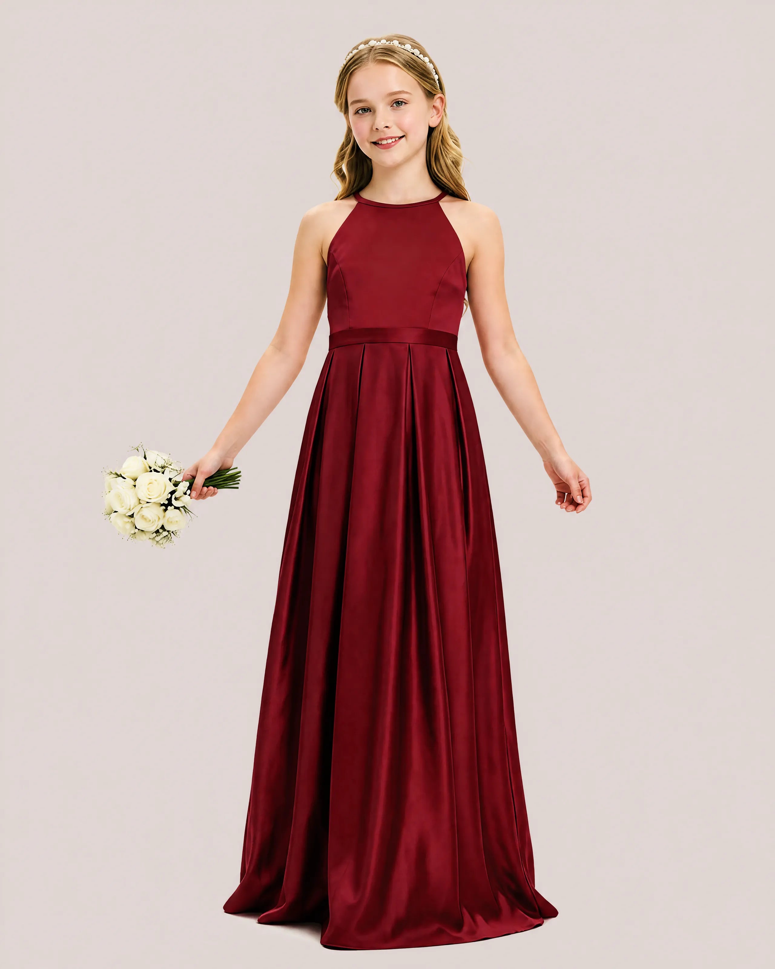 dideyttawl A-Line Junior Bridesmaid Dresses Satin Halter Special Occasion Dress Gown