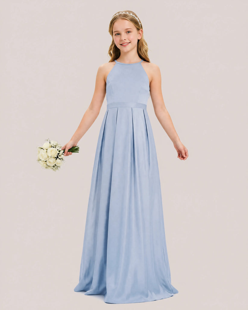 Dusty Blue Satin A-line Junior Bridesmaid Dress Front View