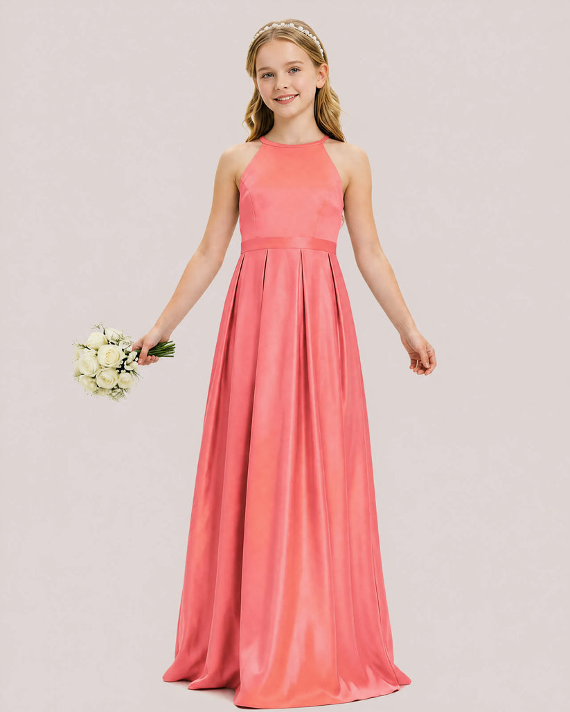 Coral Satin A-line Junior Bridesmaid Dress Front View