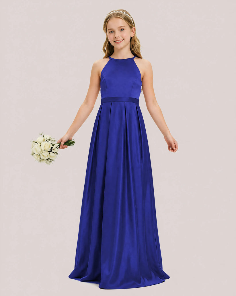 Royal Blue Satin A-line Junior Bridesmaid Dress Front View