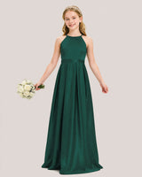 Dark Green Satin A-line Junior Bridesmaid Dress Front View
