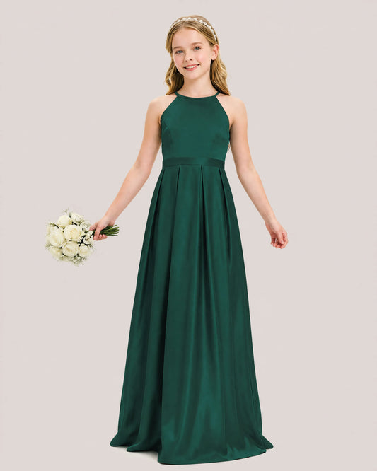 Dark Green Satin A-line Junior Bridesmaid Dress Front View