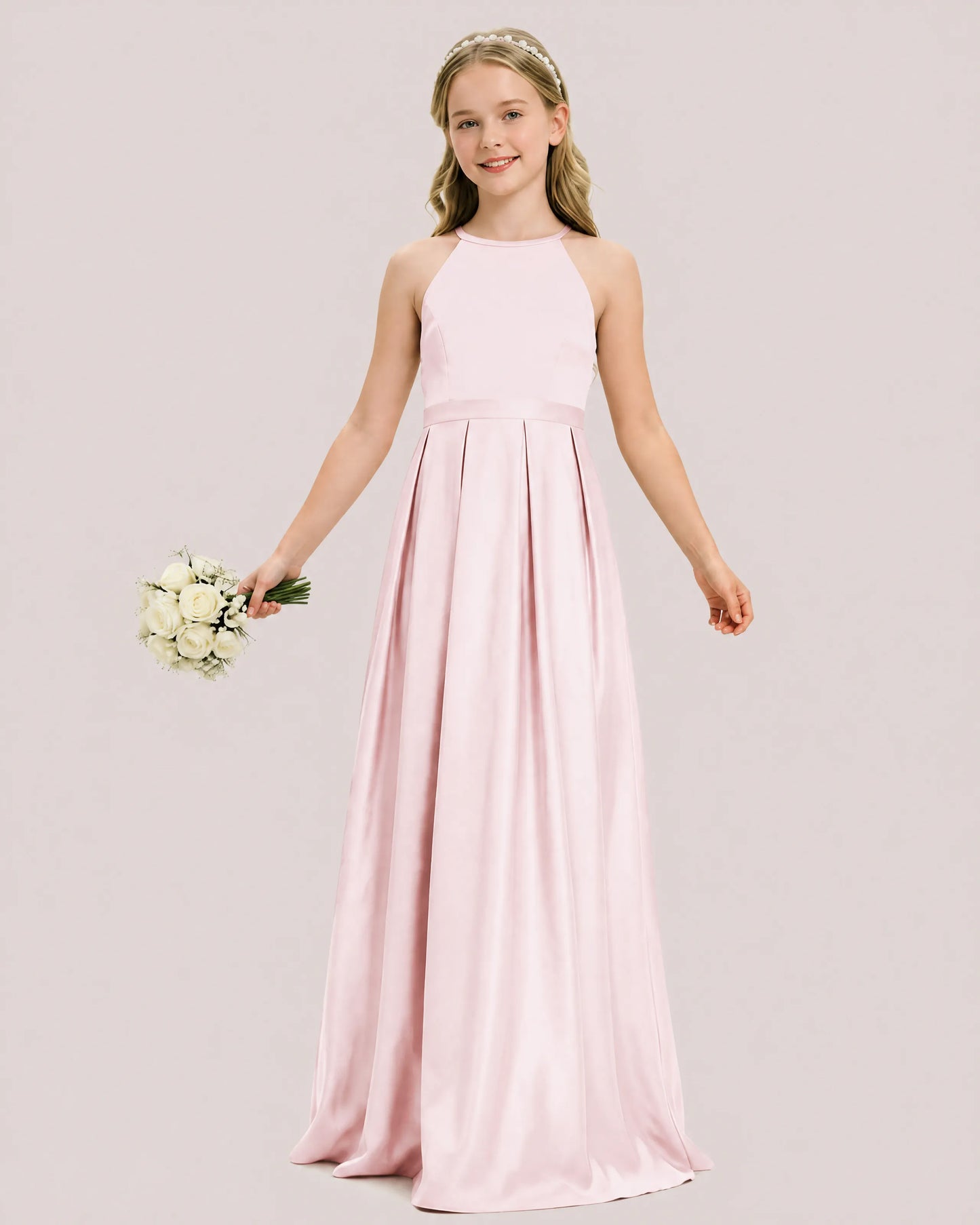 dideyttawl A-Line Junior Bridesmaid Dresses Satin Halter Special Occasion Dress Gown 2532