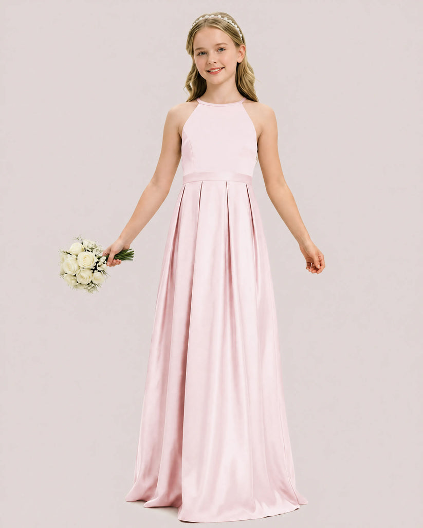Blush Pink Satin A-line Junior Bridesmaid Dress Front View