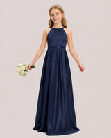 Navy Blue Satin A-line Junior Bridesmaid Dress Front View