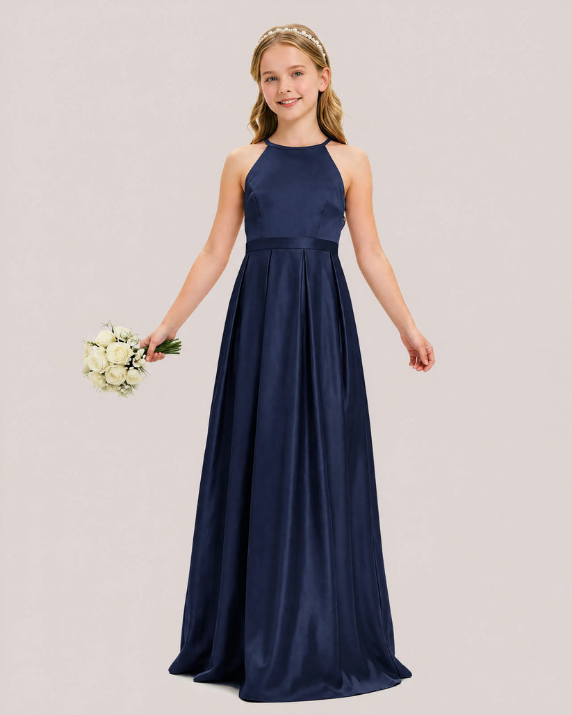 Navy Blue Satin A-line Junior Bridesmaid Dress Front View