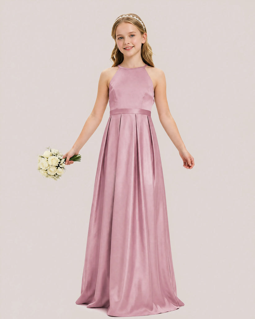 Dusty Rose Satin A-line Junior Bridesmaid Dress Front View