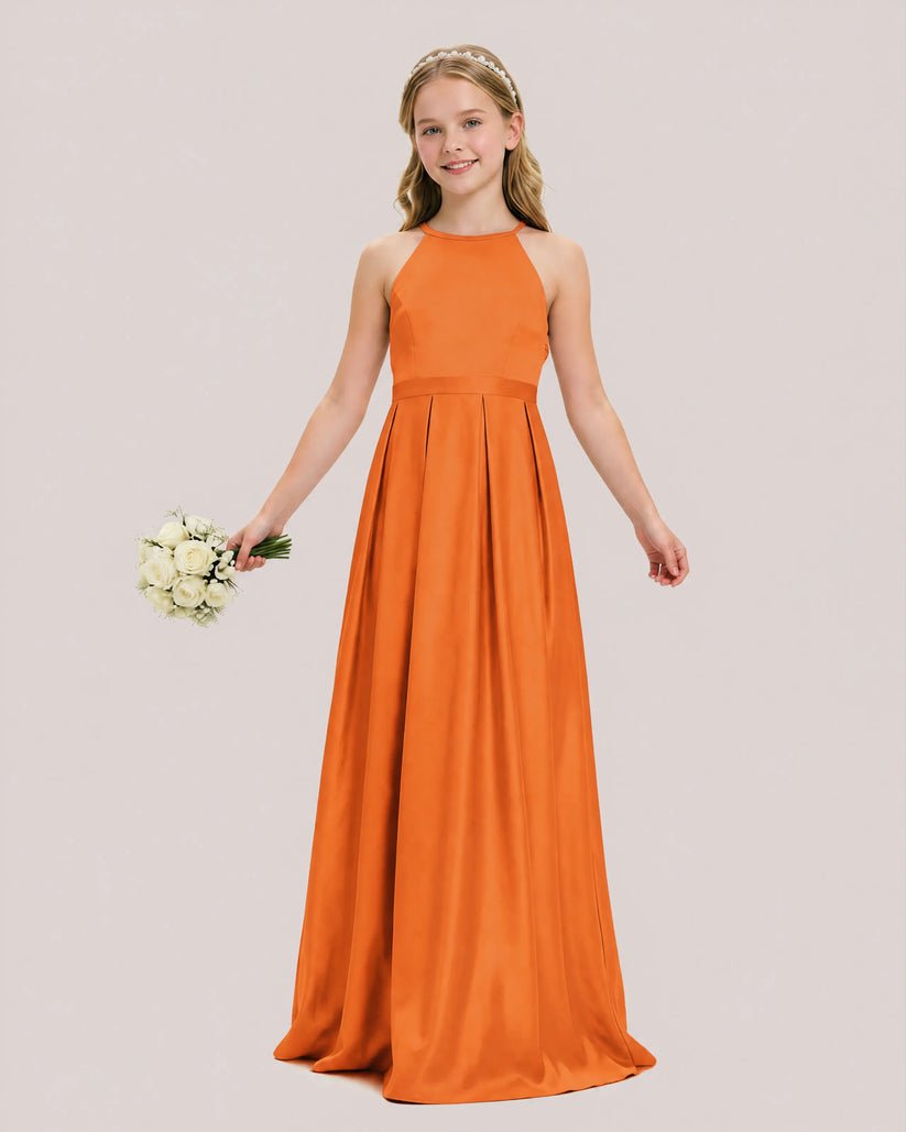 Burnt Orange Satin A-line Junior Bridesmaid Dress Front View