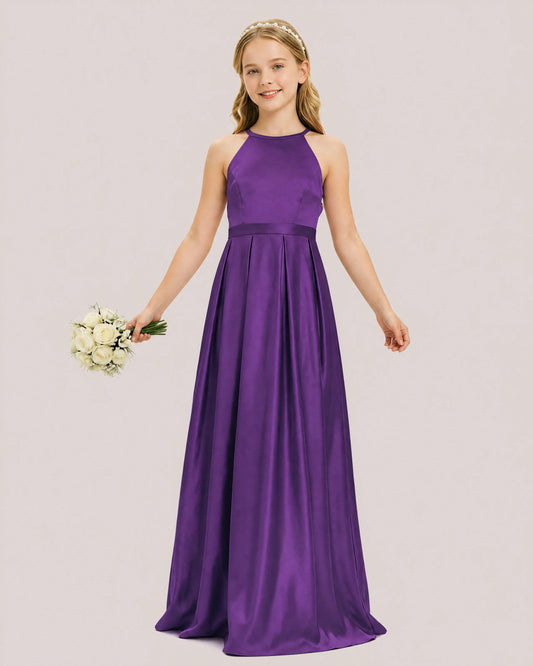 Purple Satin A-line Junior Bridesmaid Dress Front View