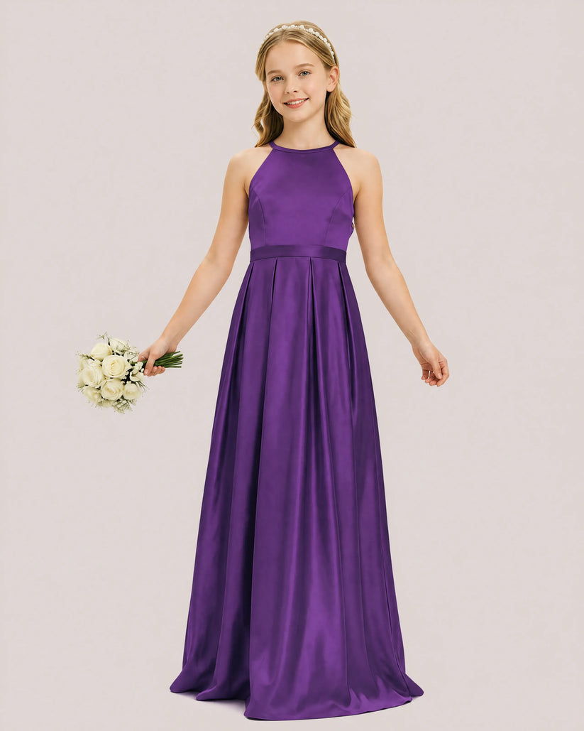 Purple Satin A-line Junior Bridesmaid Dress Front View