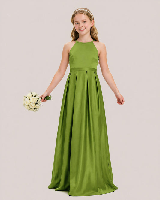 Sage Green Satin A-line Junior Bridesmaid Dress Front View