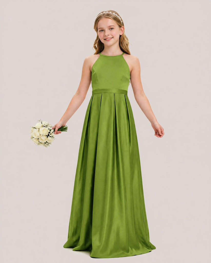 Sage Green Satin A-line Junior Bridesmaid Dress Front View