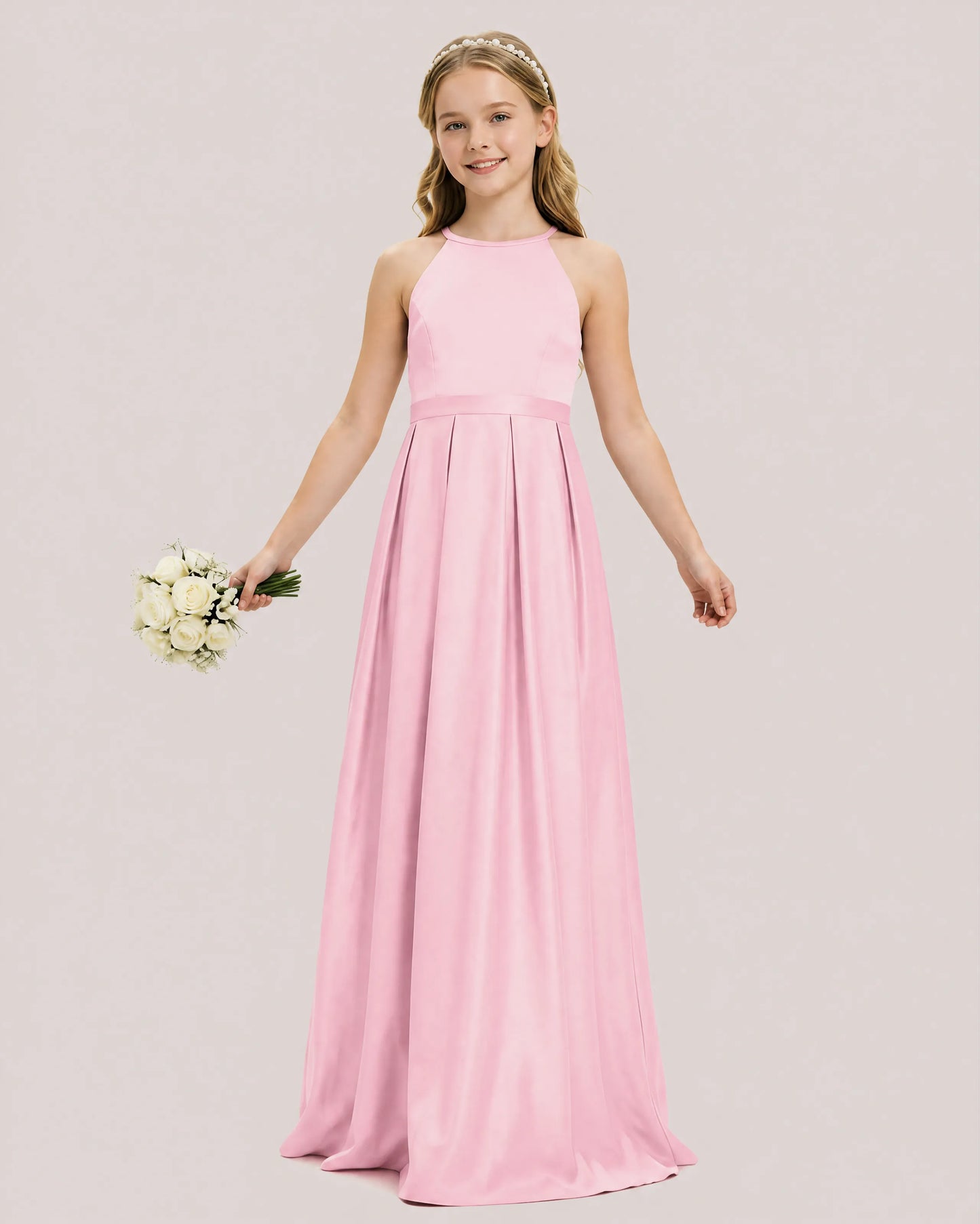 dideyttawl A-Line Junior Bridesmaid Dresses Satin Halter Special Occasion Dress Gown 2532