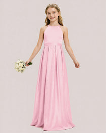 dideyttawl A-Line Junior Bridesmaid Dresses Satin Halter Special Occasion Dress Gown