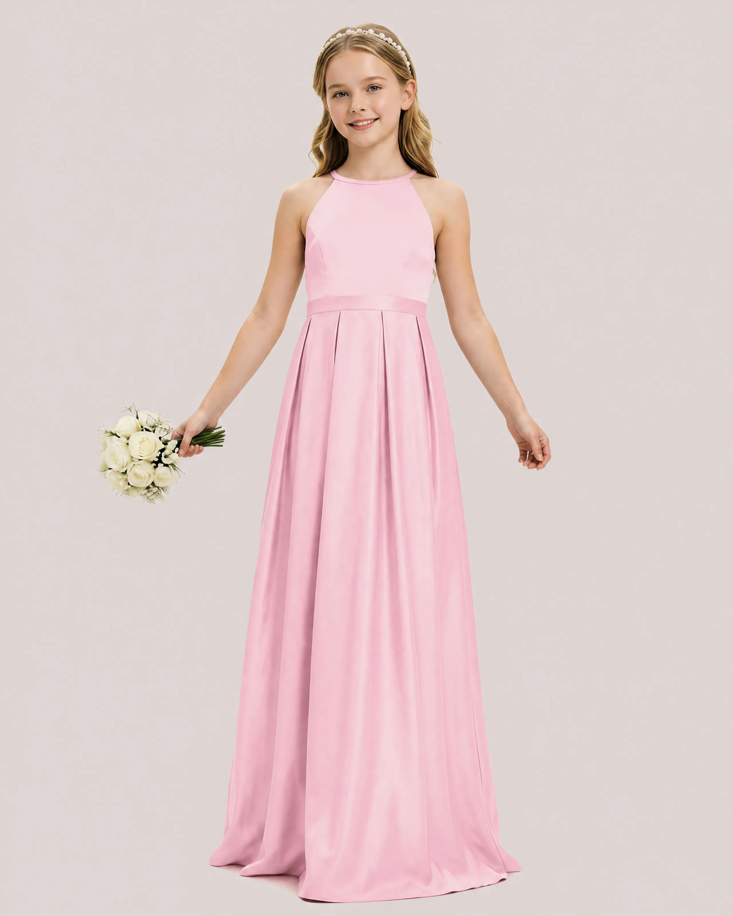 dideyttawl A-Line Junior Bridesmaid Dresses Satin Halter Special Occasion Dress Gown