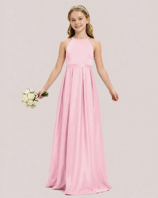 Pink Satin A-line Junior Bridesmaid Dress Front View
