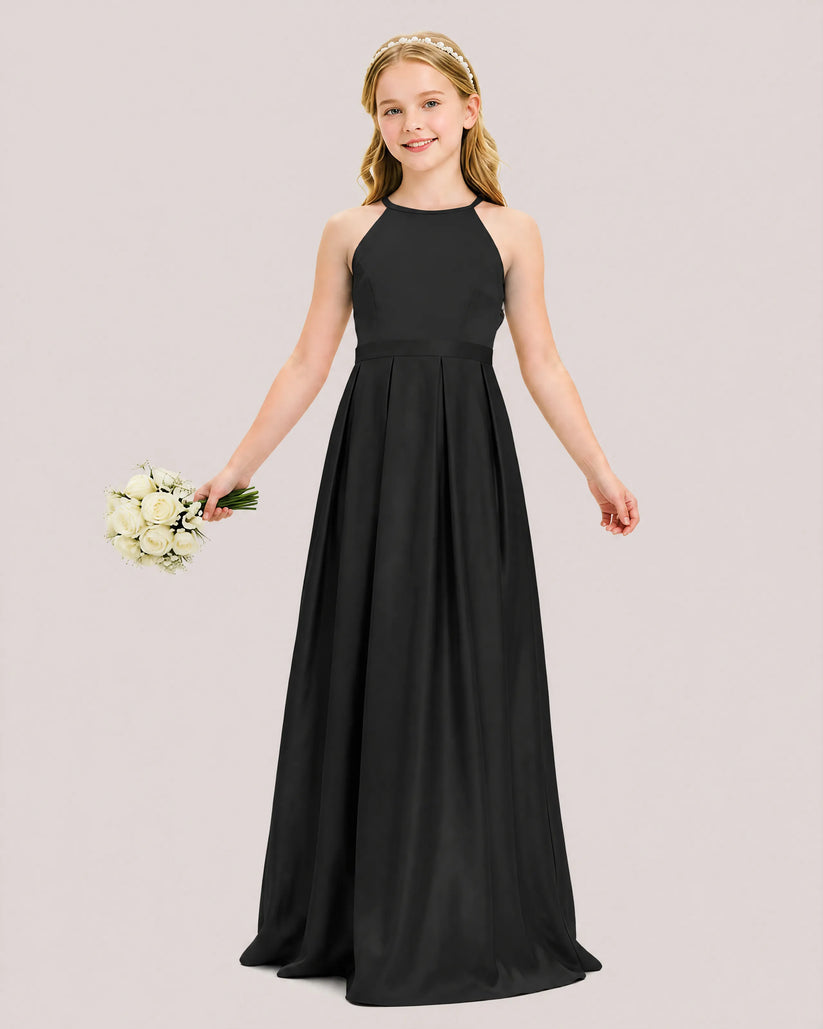 Black Satin A-line Junior Bridesmaid Dress Front View