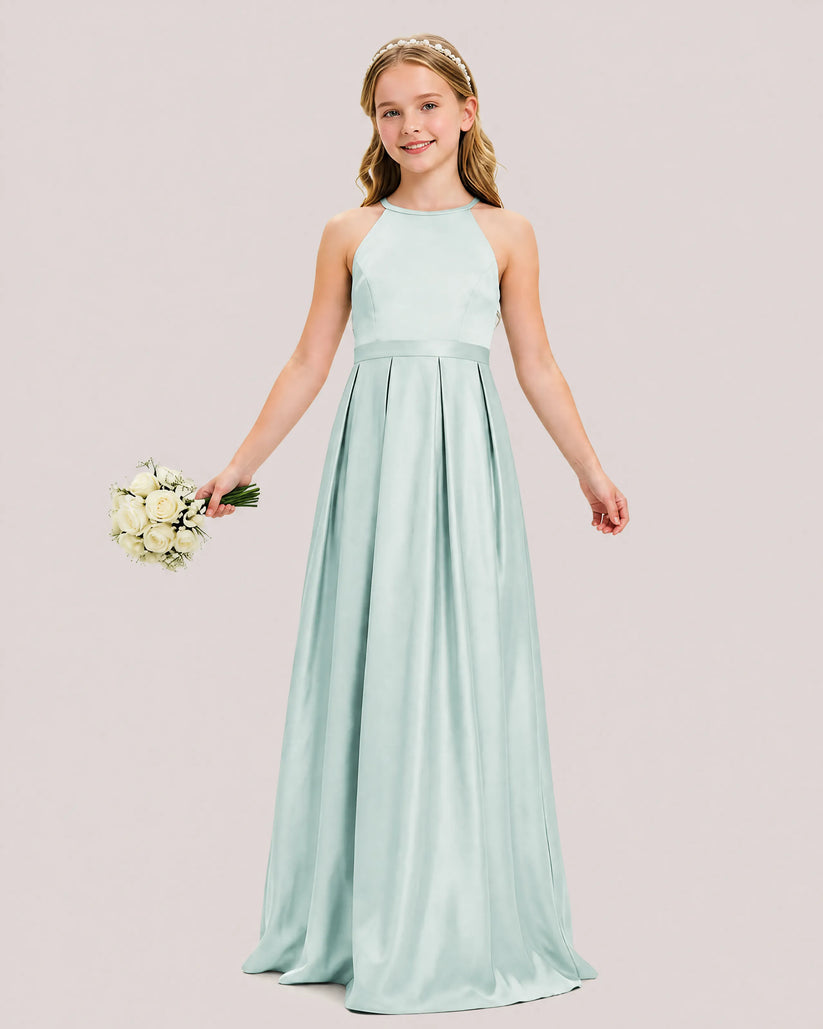 Mist Satin A-line Junior Bridesmaid Dress Front View
