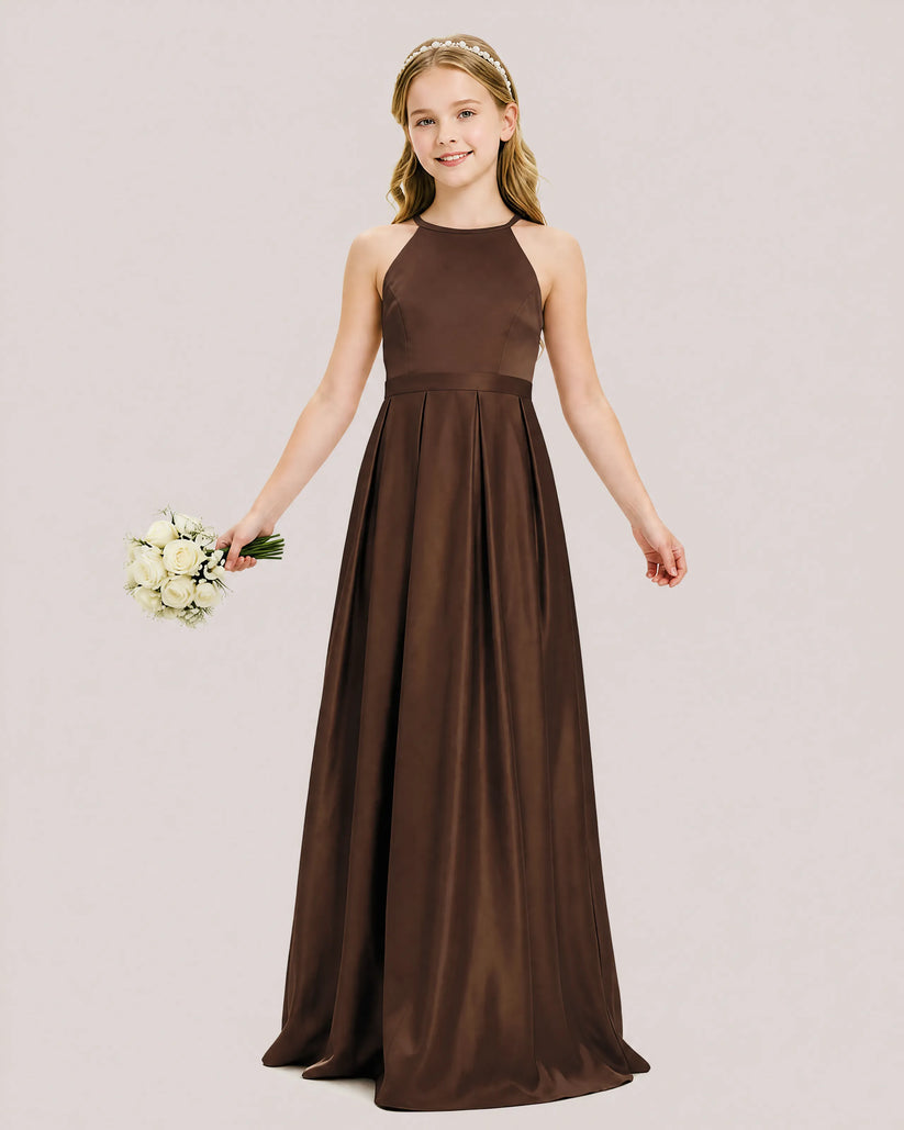 Brown Satin A-line Junior Bridesmaid Dress Front View