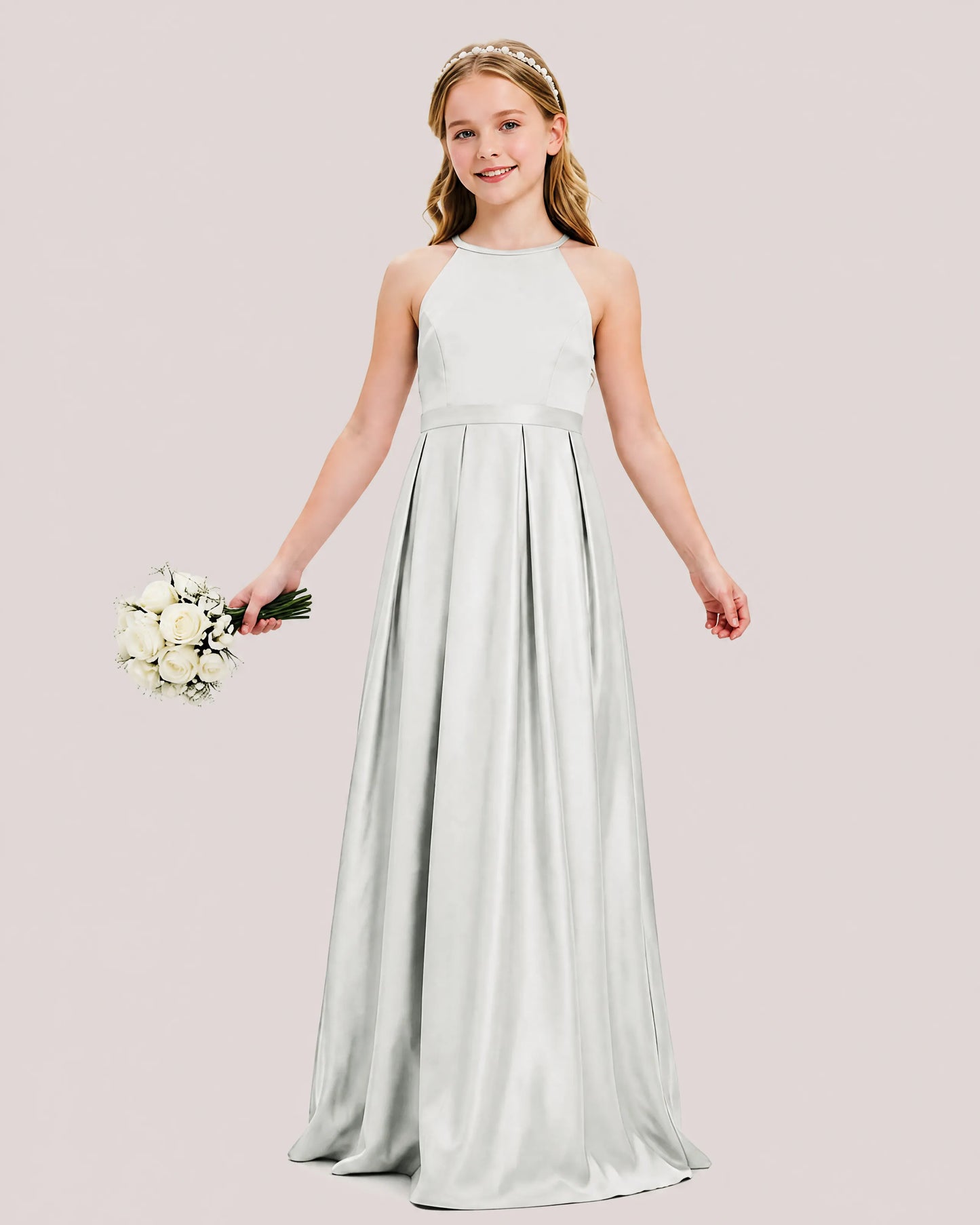 dideyttawl A-Line Junior Bridesmaid Dresses Satin Halter Special Occasion Dress Gown 2532