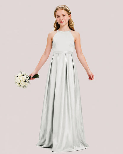 dideyttawl A-Line Junior Bridesmaid Dresses Satin Halter Special Occasion Dress Gown 2532