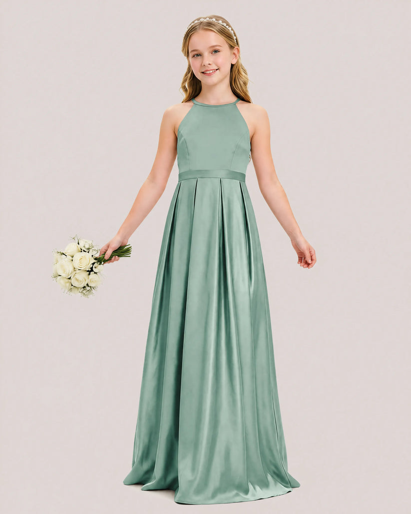 Eucalyptus Satin A-line Junior Bridesmaid Dress Front View