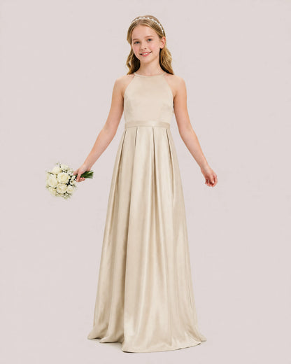 dideyttawl A-Line Junior Bridesmaid Dresses Satin Halter Special Occasion Dress Gown 2532