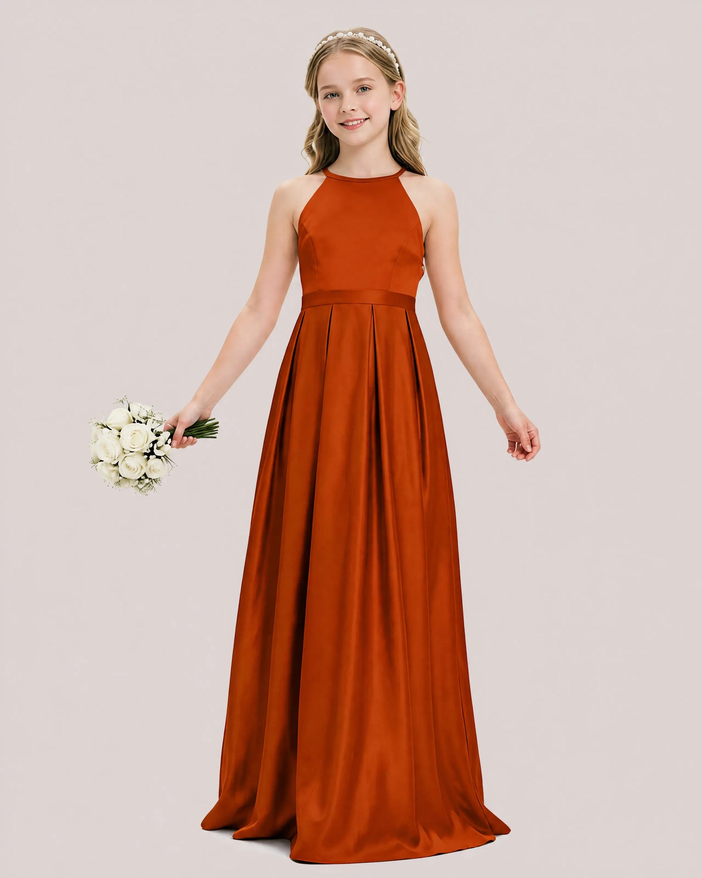 dideyttawl A-Line Junior Bridesmaid Dresses Satin Halter Special Occasion Dress Gown 2532