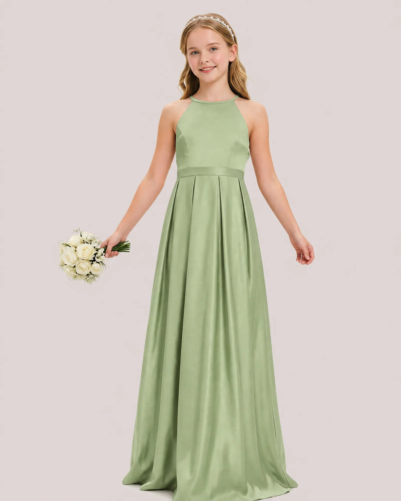 Sage Green Satin A-line Junior Bridesmaid Dress Front View
