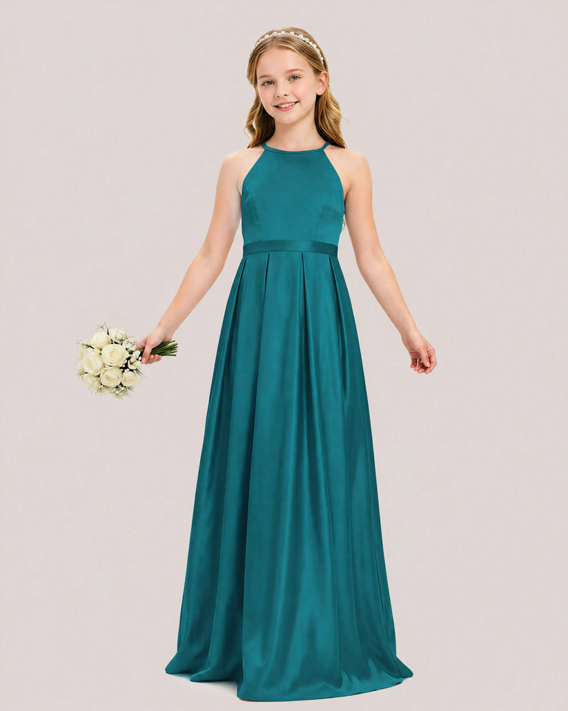 Peacock Satin A-line Junior Bridesmaid Dress Front View
