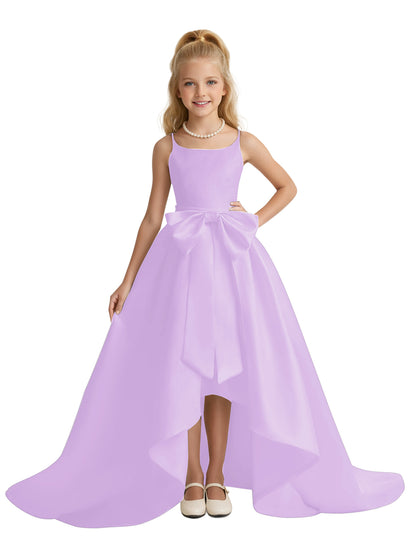 dideyttawl High-Low Big Bow Junior Bridesmaid Dresses for Girls 4-16 Satin A-Line Pageant Formal Party Dress 2535