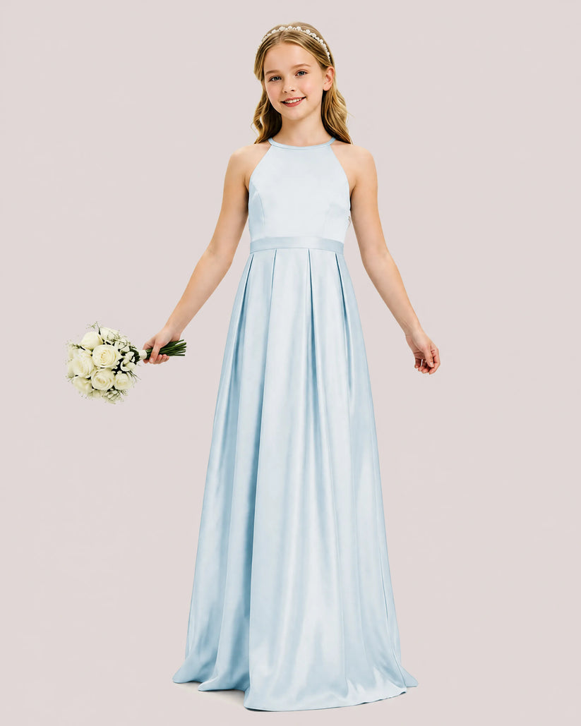 Baby Blue Satin A-line Junior Bridesmaid Dress Front View