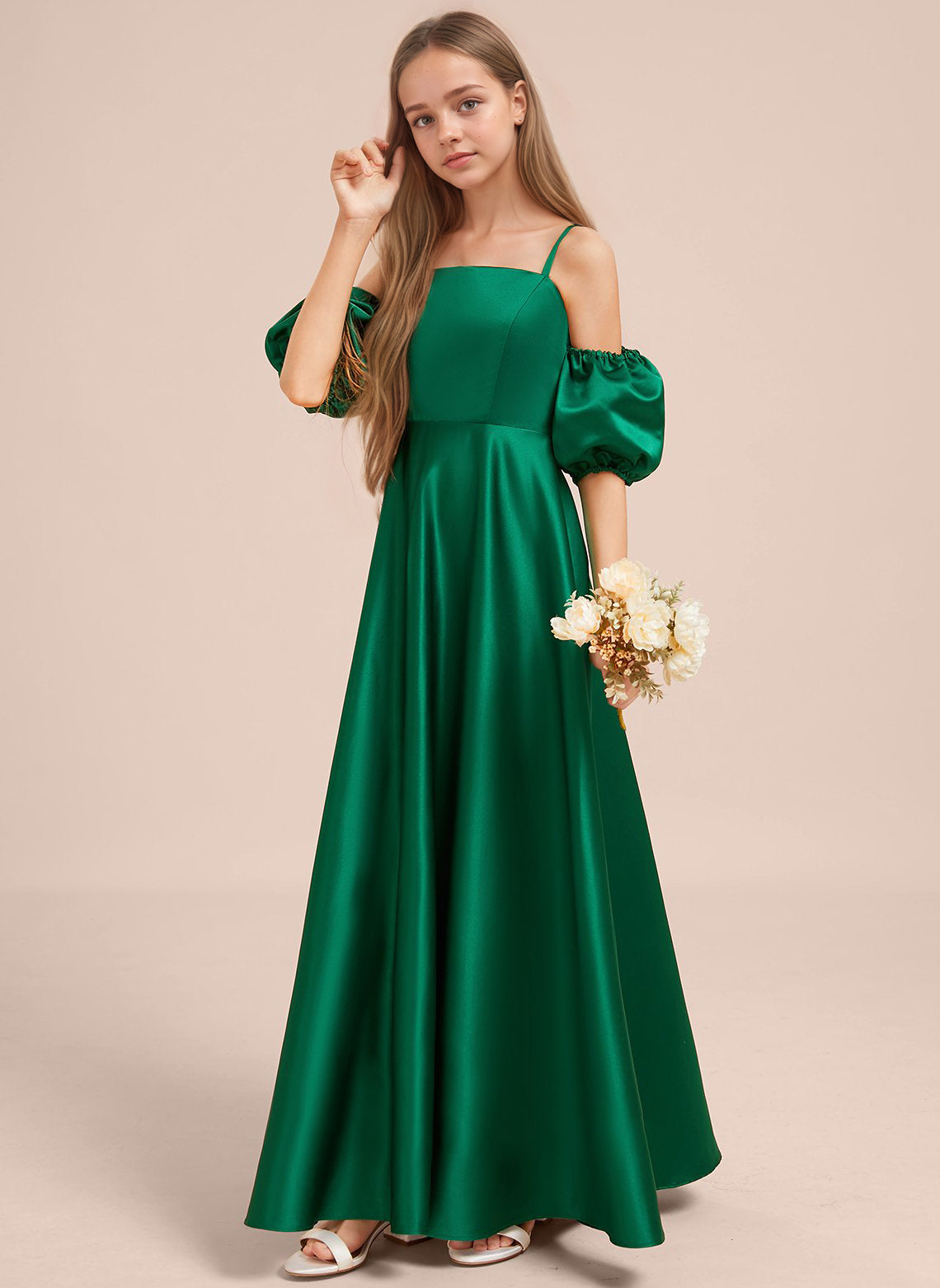 Dideyttawl Cold Shoulder Junior Bridesmaid Dress Satin Girls Pageant Gown 2525