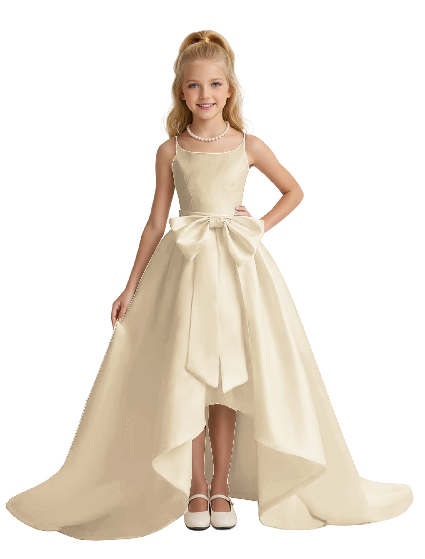 dideyttawl High-Low Big Bow Junior Bridesmaid Dresses for Girls 4-16 Satin A-Line Pageant Formal Party Dress 2535