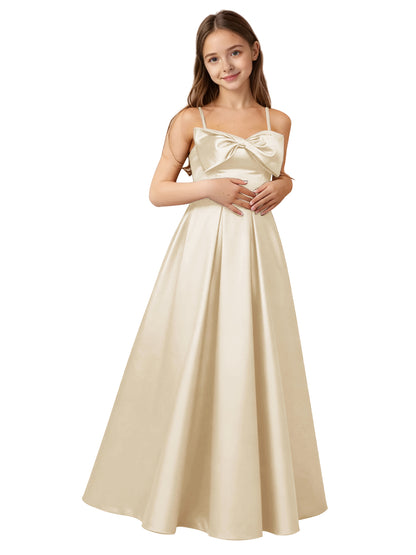 dideyttawl 2026 Girls Satin Prom Ball Gown with Big Bow Maxi Spaghetti Straps Junior Bridesmaid Flower Girl Dress 2548