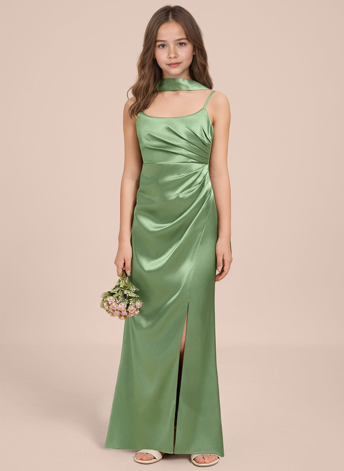 dideyttawl Satin Junior Bridesmaid Dress with Scarf for Girls 4-16 Silk Flower Girl Dress 2527