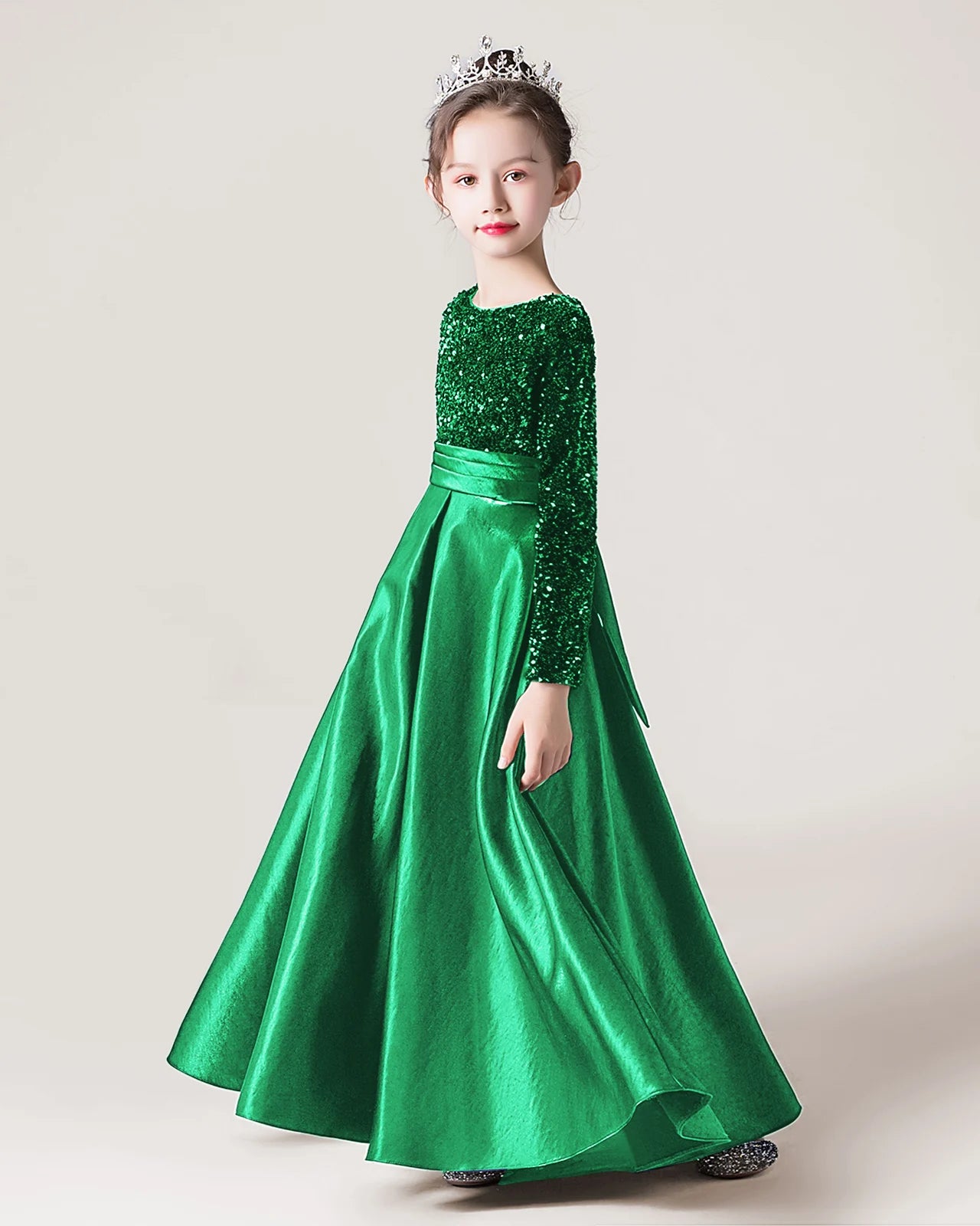 Dideyttawl Long Sleeves Sequins Flower Girls Dress Sparkling  Satin Formal Party Gown 503
